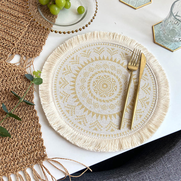 4 Pcs Beige and Yellow Boho Chic Woven Cotton Placemat with Tassels - Nordic Bohemian Style(Tableware is a prop for shooting and is not included)