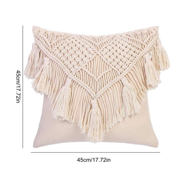 Beige Boho Chic Macrame Cushion Cover - Handmade Woven Cotton Linen Pillow Case with Tassels - Decorative Throw Pillow Sham 45x45cm (Cover Only)