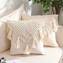 Grey Boho Chic Macrame Cushion Cover - Handmade Woven Cotton Linen Pillow Case with Tassels - Decorative Throw Pillow Sham 45x45cm (Cover Only)