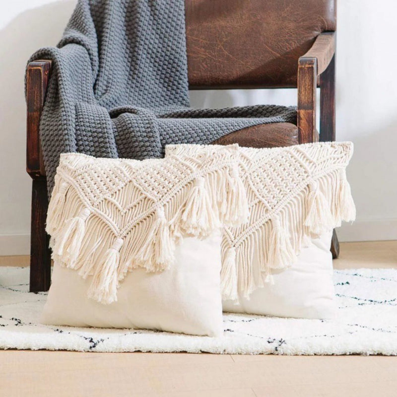 Grey Boho Chic Macrame Cushion Cover - Handmade Woven Cotton Linen Pillow Case with Tassels - Decorative Throw Pillow Sham 45x45cm (Cover Only)