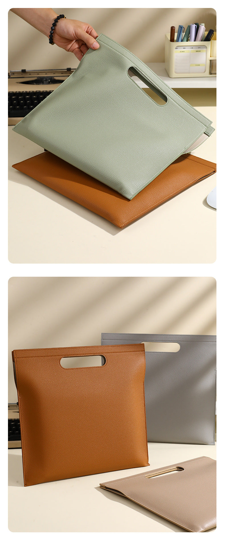 Khaki Professional A4 PU Leather Document Bag - Waterproof Handheld File Folder Portfolio for Business & Conference