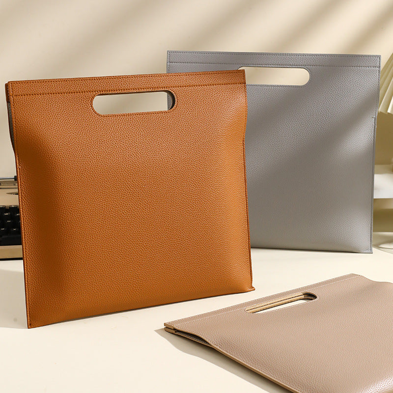 Grey Professional A4 PU Leather Document Bag - Waterproof Handheld File Folder Portfolio for Business & Conference