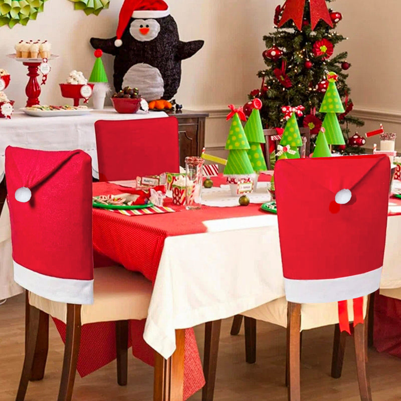Red Festive Santa Hat Dining Chair Covers - Set of 8 for Holiday Party Decoration