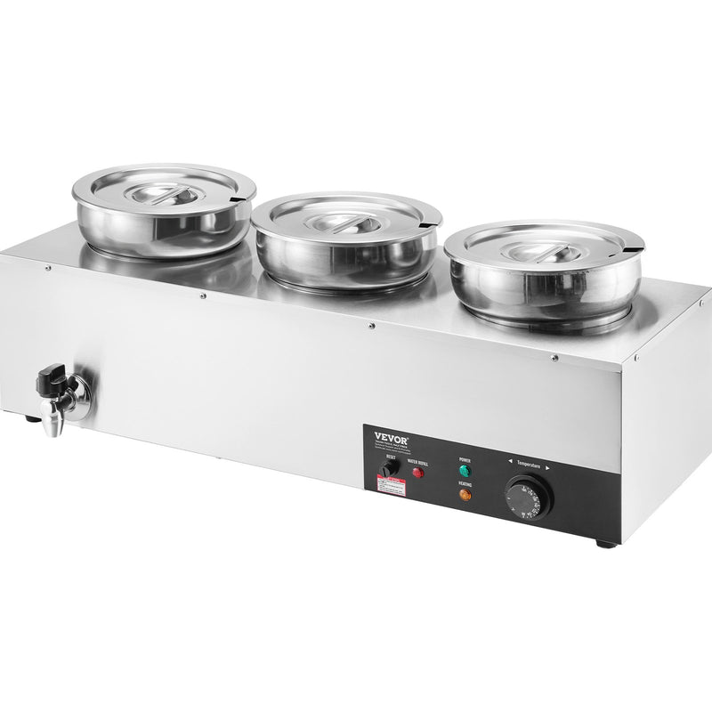 VEVOR Electric Soup Warmer, Three 7.4QT Stainless Steel Round Pot, 1200W Commercial Food Warmer, 30 - 85℃ Adjustable Temp, Bain Marie with Anti-Dry Burn and Reset Button, for Restaurant, Buffet