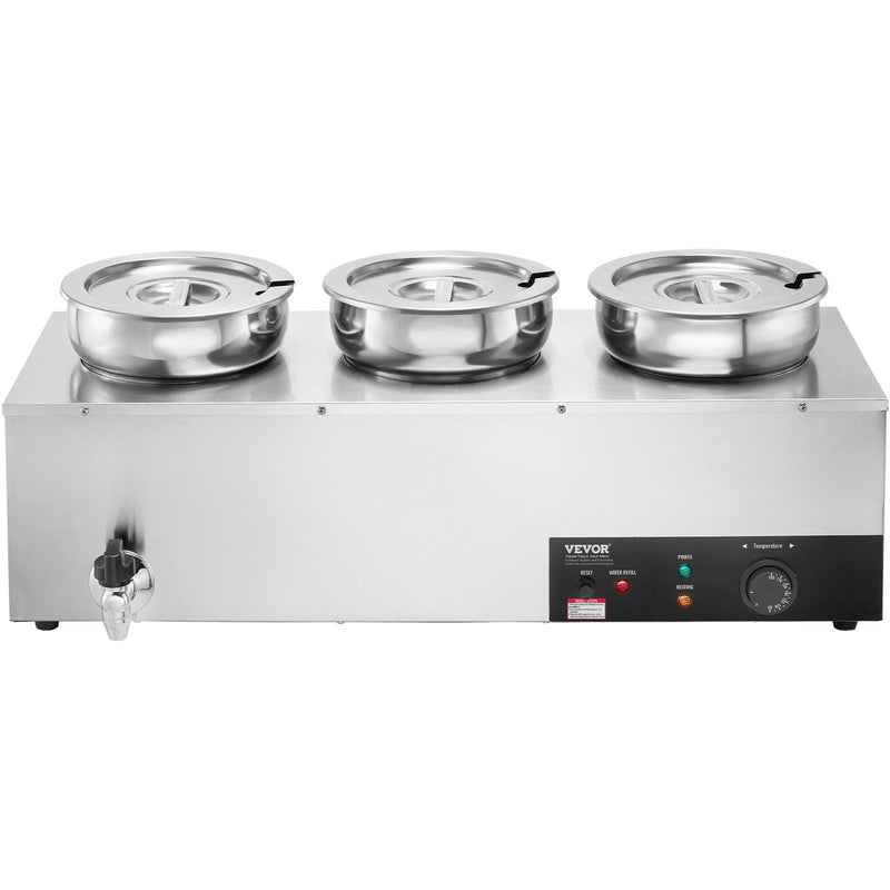VEVOR Electric Soup Warmer, Three 7.4QT Stainless Steel Round Pot, 1200W Commercial Food Warmer, 30 - 85℃ Adjustable Temp, Bain Marie with Anti-Dry Burn and Reset Button, for Restaurant, Buffet