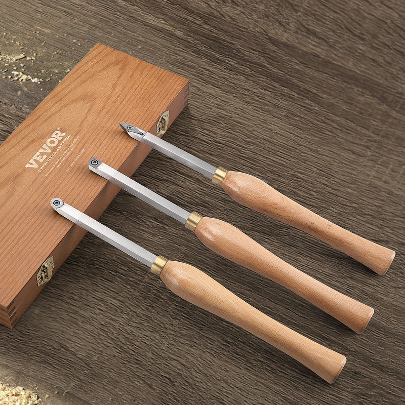 VEVOR Wood Lathe Chisel Set, 3 PCS Woodworking Turning Tools, Includes Square, Round, Diamond Carbide Blades, 20 cm Comfortable Grip Handles, Wood Chisel Set with Wooden Box For Turning Pens or Small