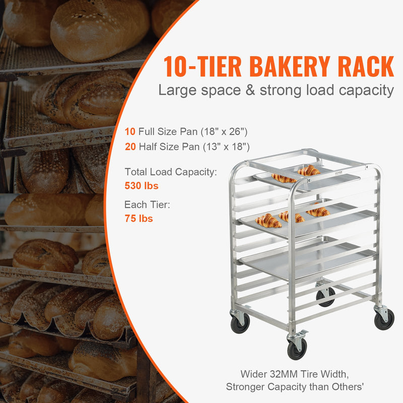 VEVOR Bun Pan Rack, 10-Tier Commercial Bakery Racks with Brake Wheels, Aluminum Racking Trolley Storage for Half & Full Sheet, Speed Rack For Kitchen Home, Bread Baking Equipment, 660x515x985 mm