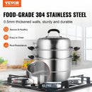 VEVOR Steamer Pot, 28cm Steamer Pot for Cooking with 8.5QT Stock Pot, Vegetable Steamer & 2 Steaming Grid, 3-Layer Food-Grade 304 Stainless Steel Food Steamer Cookware with Lid for Gas Electric Stove