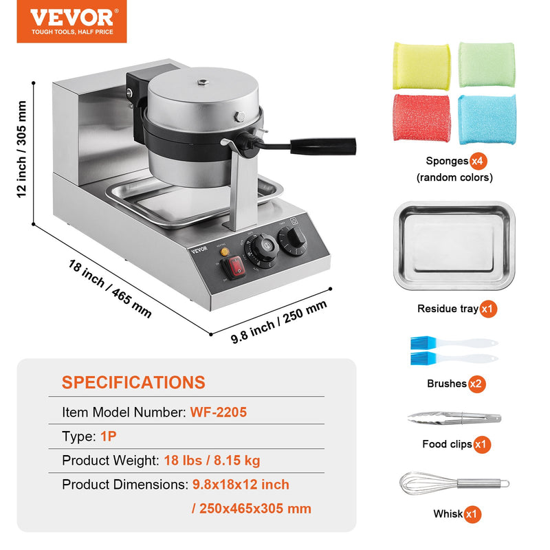 VEVOR Commercial Waffle Maker, 1300W Round Waffle Baker Machine, Non-Stick Stainless Steel Belgian Waffle Iron, Temperature and Time Control, 180° Rotatable, for Restaurant Bakery Snack Bar Family