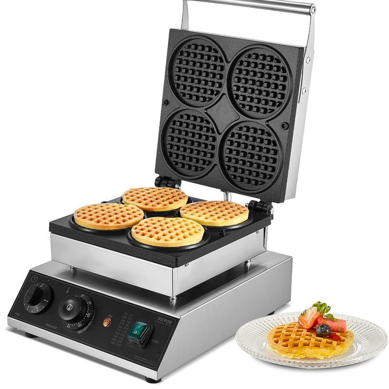 VEVOR Commercial Waffle Maker, 4PCS Round Waffle Baker Machine,1750W Non-Stick Stainless Steel Belgian Waffle Iron with Temperature and Time Control, for Restaurant Bakery Snack Bar Family