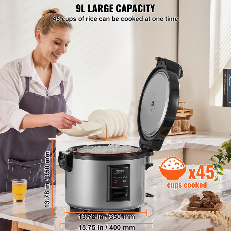 VEVOR Commercial Rice Cooker, 45-Cup Rice Cooker, 9 Liter Large Rice Cooker and Warmer with Nonstick Inner Pot, Fast Cooking and 12-Hour Keep Warm, with Rice Cup and Paddle, for Restaurant