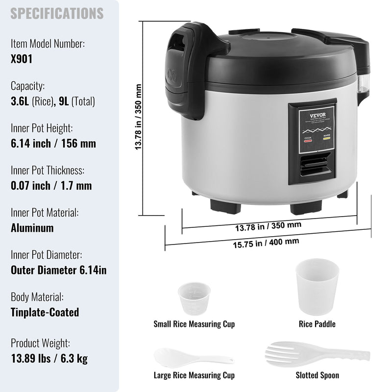 VEVOR Commercial Rice Cooker, 45-Cup Rice Cooker, 9 Liter Large Rice Cooker and Warmer with Nonstick Inner Pot, Fast Cooking and 12-Hour Keep Warm, with Rice Cup and Paddle, for Restaurant