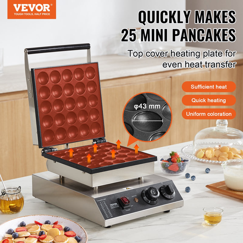 VEVOR Mini Dutch Pancake Maker, 25PCS 43mm Diameter Dorayaki Baker Machine, 1700W Commercial Electric Poffertjes Grill, Non-stick Stainless Steel, Temp & Time Control, for Home Kitchen Restaurant