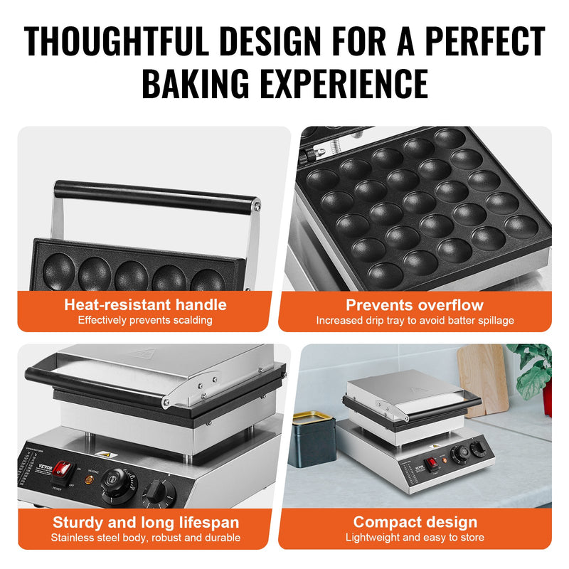 VEVOR Mini Dutch Pancake Maker, 25PCS 43mm Diameter Dorayaki Baker Machine, 1700W Commercial Electric Poffertjes Grill, Non-stick Stainless Steel, Temp & Time Control, for Home Kitchen Restaurant