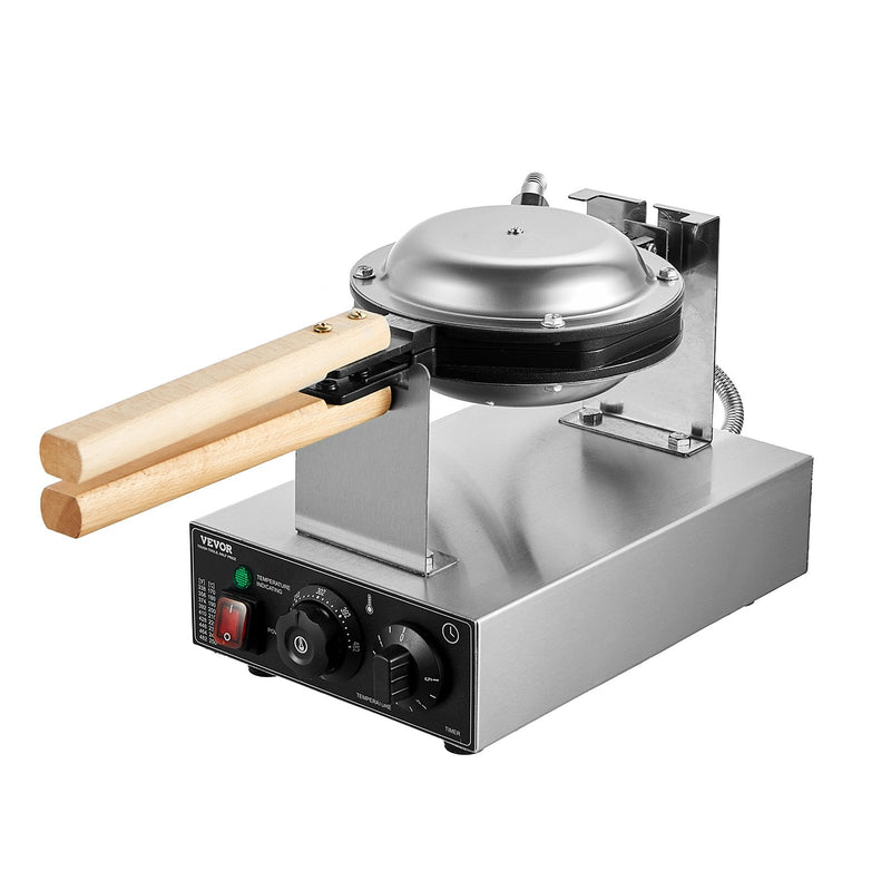 VEVOR Commercial Bubble Waffle Maker, 1400W Egg Pancake Baker Machine, Non-Stick Stainless Steel Egg Bubble Puff, 180° Rotatable, Temp and Time Control, Wooden Handle, for Restaurant Bakery Snack Bar