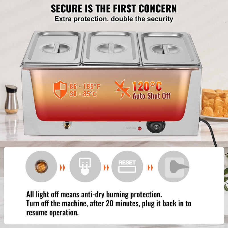 VEVOR 3-Pan Commercial Food Warmer, 16.5L Electric Steam Table, 1200W Professional Countertop Stainless Steel Buffet Bain Marie with 30 - 85℃ Temp Control for Catering and Restaurants, Silver