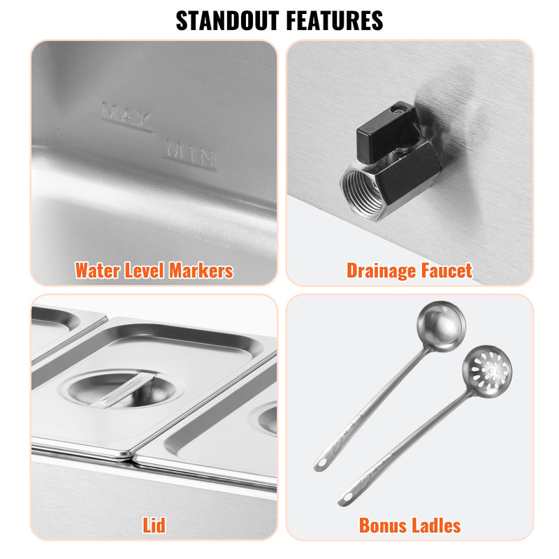 VEVOR 3-Pan Commercial Food Warmer, 16.5L Electric Steam Table, 1200W Professional Countertop Stainless Steel Buffet Bain Marie with 30 - 85℃ Temp Control for Catering and Restaurants, Silver