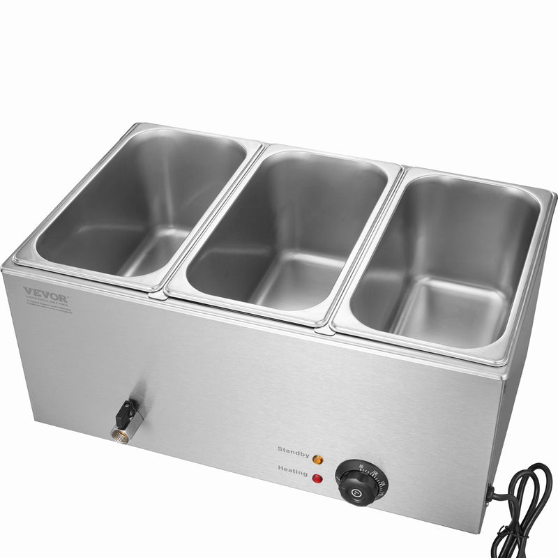VEVOR 3-Pan Commercial Food Warmer, 16.5L Electric Steam Table, 1200W Professional Countertop Stainless Steel Buffet Bain Marie with 30 - 85℃ Temp Control for Catering and Restaurants, Silver