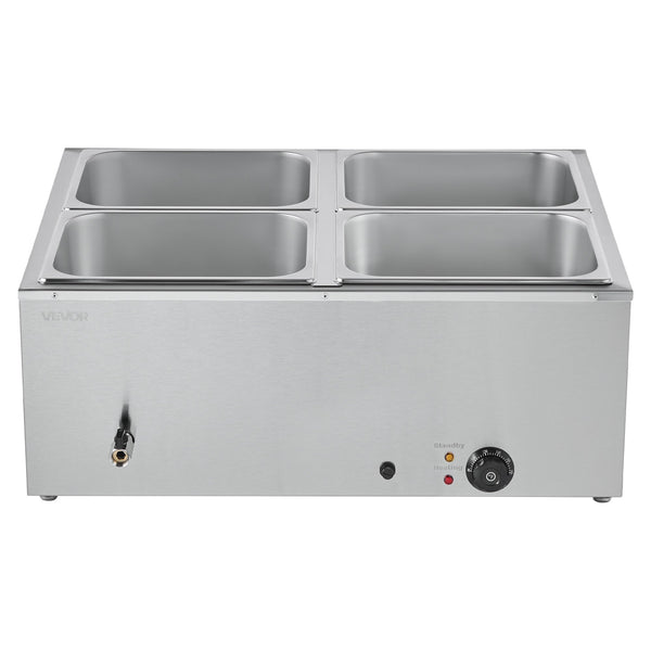 VEVOR Commercial Food Warmer, 1500W Electric Stainless Steel Steam Food Warmer with Lid, 4-Pan Fast Heating Countertop Buffet Bain Marie with Soup & Perforated Ladles, for Catering, Restaurant, Party