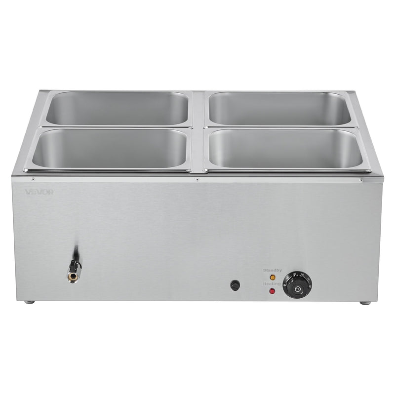 VEVOR Commercial Food Warmer, 1500W Electric Stainless Steel Steam Food Warmer with Lid, 4-Pan Fast Heating Countertop Buffet Bain Marie with Soup & Perforated Ladles, for Catering, Restaurant, Party