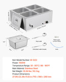 VEVOR Commercial Food Warmer, 1500W Electric Stainless Steel Steam Food Warmer with Lid, 4-Pan Fast Heating Countertop Buffet Bain Marie with Soup & Perforated Ladles, for Catering, Restaurant, Party