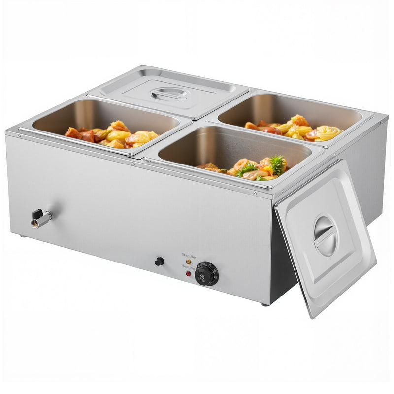 VEVOR Commercial Food Warmer, 1500W Electric Stainless Steel Steam Food Warmer with Lid, 4-Pan Fast Heating Countertop Buffet Bain Marie with Soup & Perforated Ladles, for Catering, Restaurant, Party