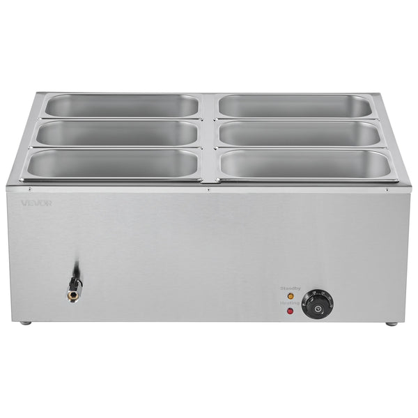 VEVOR Commercial Food Warmer, 1500W Electric Stainless Steel Steam Food Warmer with Lid, 6-Pan Fast Heating Countertop Buffet Bain Marie with Soup & Perforated Ladles, for Catering, Restaurant, Party