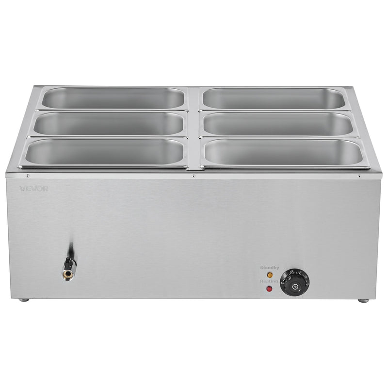 VEVOR Commercial Food Warmer, 1500W Electric Stainless Steel Steam Food Warmer with Lid, 6-Pan Fast Heating Countertop Buffet Bain Marie with Soup & Perforated Ladles, for Catering, Restaurant, Party