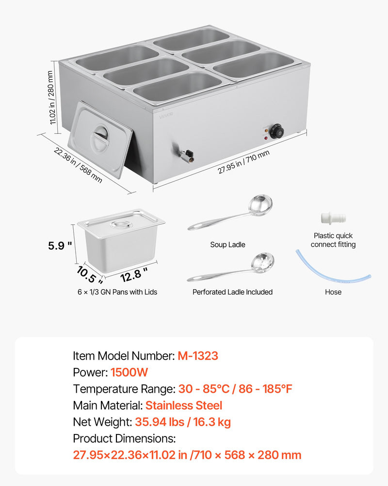 VEVOR Commercial Food Warmer, 1500W Electric Stainless Steel Steam Food Warmer with Lid, 6-Pan Fast Heating Countertop Buffet Bain Marie with Soup & Perforated Ladles, for Catering, Restaurant, Party