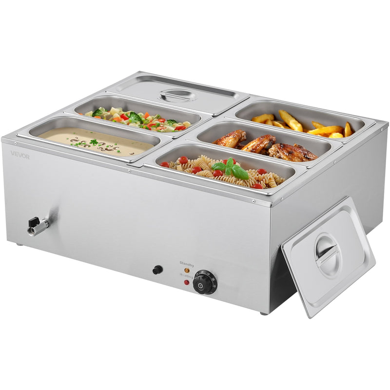 VEVOR Commercial Food Warmer, 1500W Electric Stainless Steel Steam Food Warmer with Lid, 6-Pan Fast Heating Countertop Buffet Bain Marie with Soup & Perforated Ladles, for Catering, Restaurant, Party