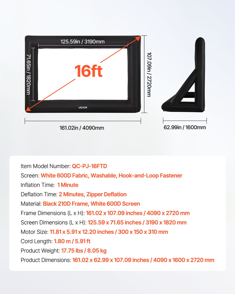 VEVOR 16 ft Inflatable Movie Screen 16:9 600D Movie Projector with Portable Bag