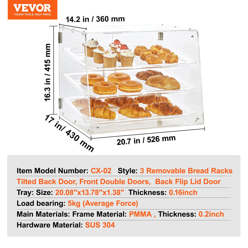 VEVOR Pastry Display Case, 3-Tier Commercial Countertop Bakery Display Case, Acrylic Display Box with Rear Door Access & Removable Shelves, Keep Fresh for Donut Bagels Cake Cookie