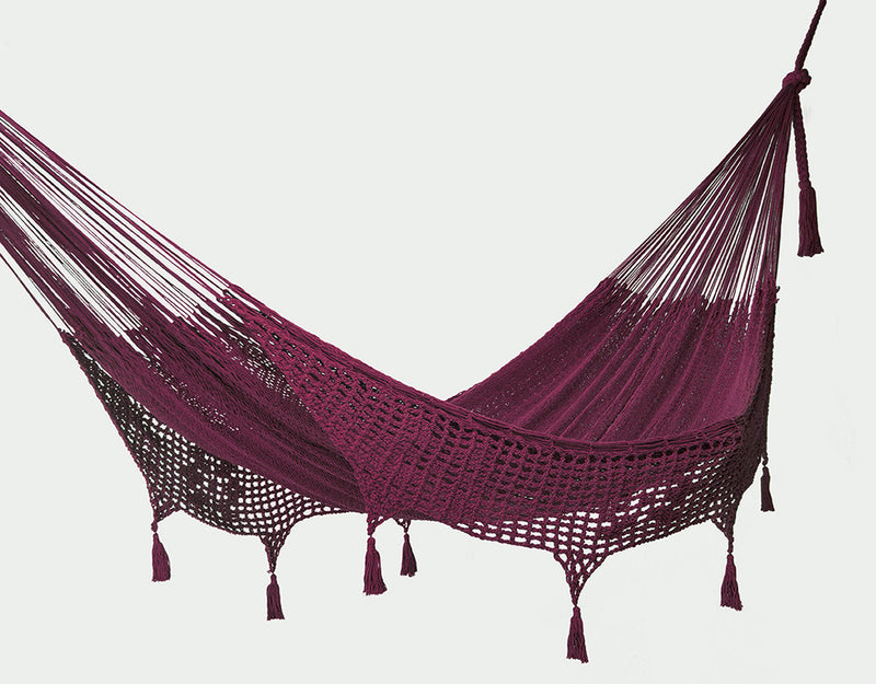 Outdoor undercover cotton Mayan Legacy hammock with hand crocheted tassels King Size Maroon