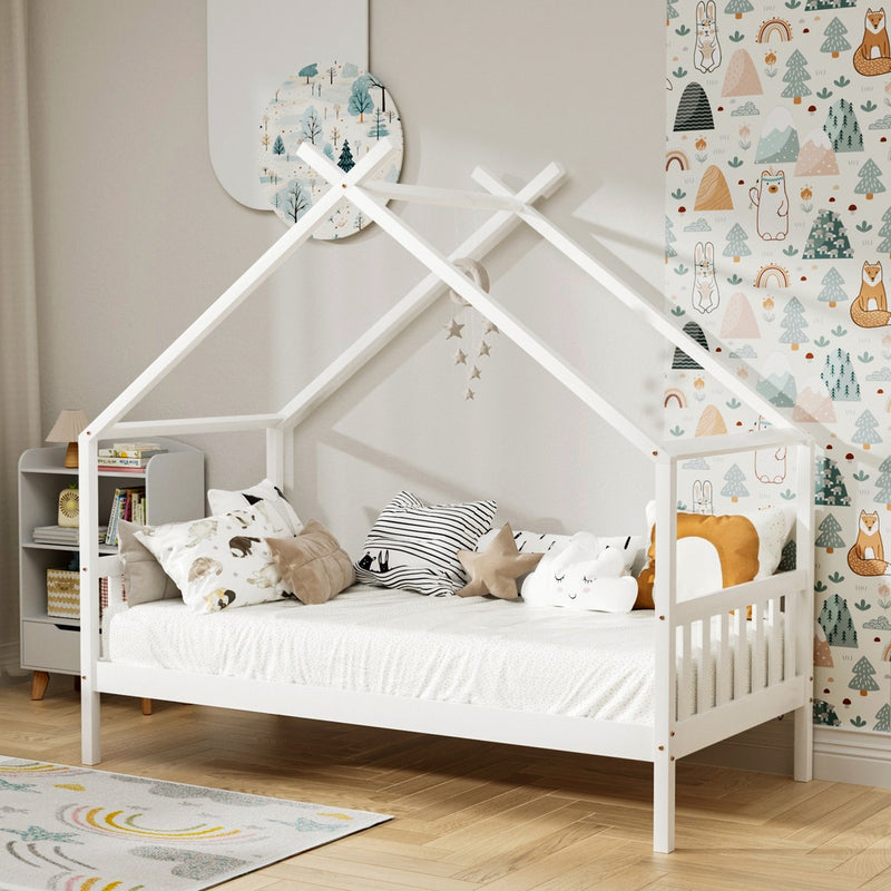 Artiss Bed Frame Wooden Base Kids Single Timber House Beds White