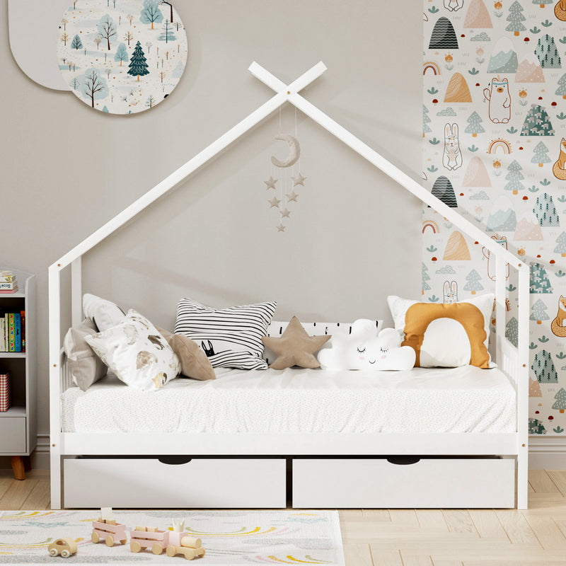 Artiss Bed Frame Wooden Base Kids Single Timber House  with 2 Storage Drawers Beds White
