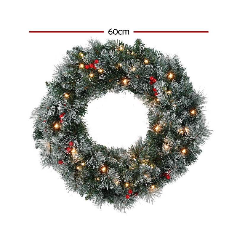 Jingle Jollys 60cm Christmas Wreath LED Lights Snowy Berries Garland Party Decor