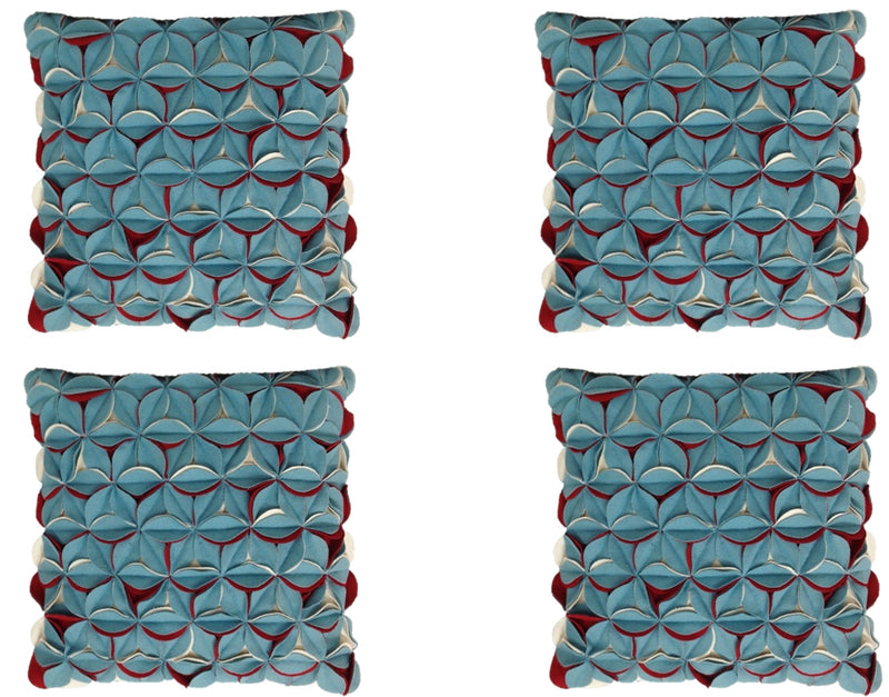 Pack of 4 Covers Amelie Aqua Blue & Red 3D Texture Cushion Covers