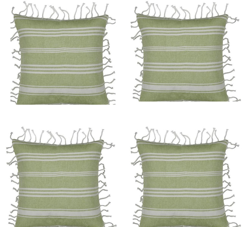 Pack of 4 Fresh Green & White Striped Cushion Cover with white knotted edging