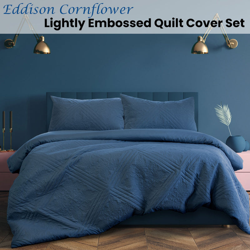 Ardor Eddison Cornflower Light Quilted Embossed Quilt Cover Set Queen