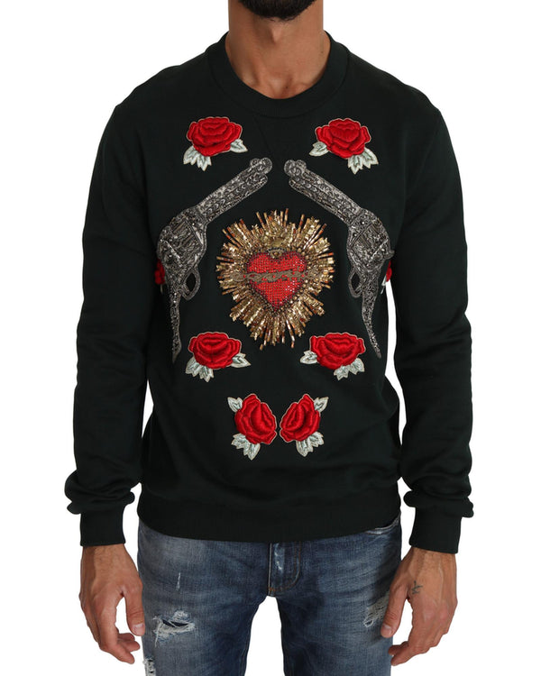 Dolce &amp; Gabbana Green Cotton Crystal Heart Roses Embroidered Pullover Sweater 46 IT Men
